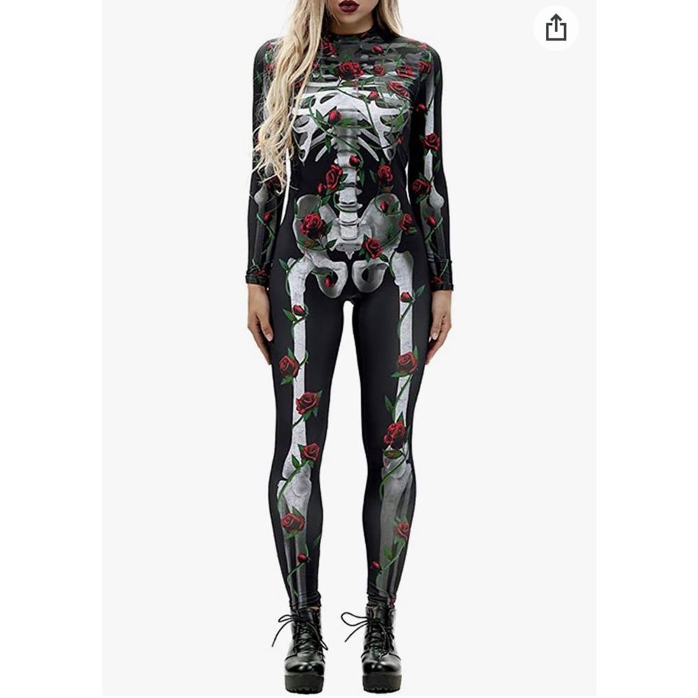 Halloween/Dia de L’os Muertos Black and Red Skeleton Rose Bodysuit